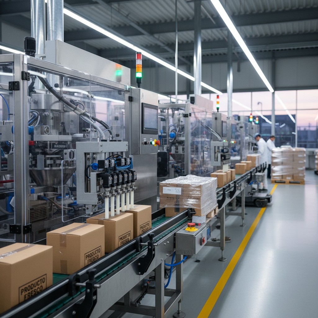 Línea de producción automatizada con cajas de cartón moviéndose sobre una cinta transportadora en una planta industrial.